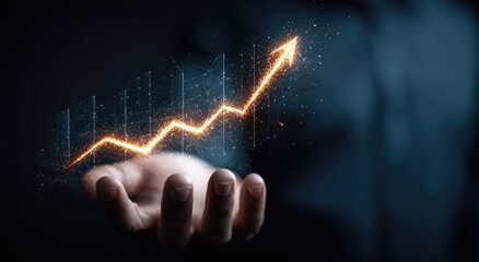 Hand holds a glowing upward trend graph