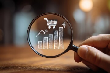 Magnifying glass focusing on a shopping cart and rising graph