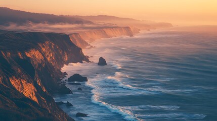 Fototapeta premium Coastal Cliffs at Sunset Ocean View with Waves and Haze