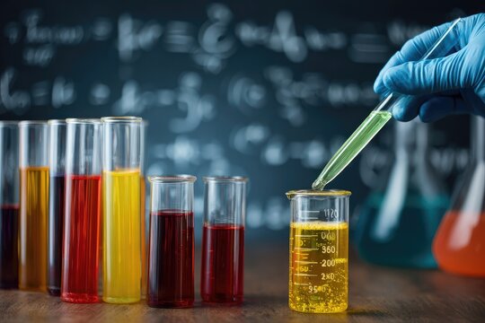 Colorful liquids in test tubes and beakers, a gloved hand holding a dropper over a beaker