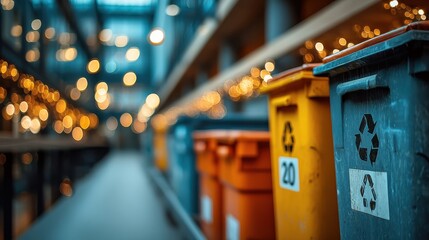 Colorful recycling bins line a corridor illuminated by soft lights, creating a vibrant and eco-friendly atmosphere in an urban setting.
