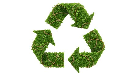 Green Recycle Symbol Made of Leaves and Vines on White Background