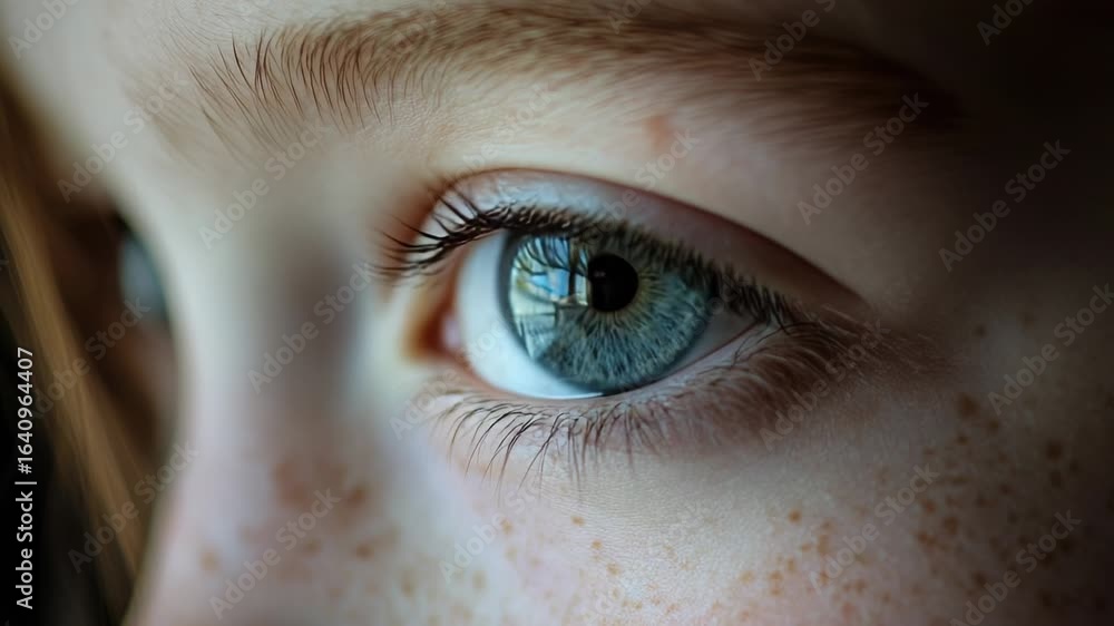 Aufkleber a detailed view of an eye with distinctive freckles, suitable for use in personal or editorial conte