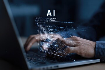 Person types on laptop with AI text overlay