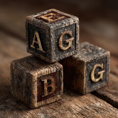 Weathered wooden alphabet blocks stacked on a rustic wooden surface