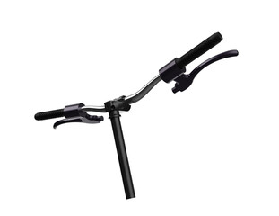 Modern bicycle handlebars with black grips, chrome bar, and brake levers, isolated on a white...