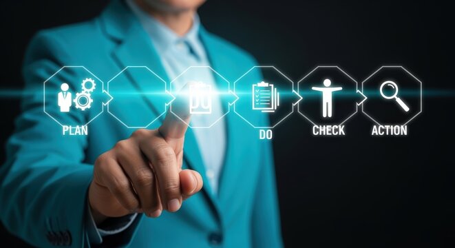Business Man Activating PDCA Cycle with Touch Screen for Continuous Improvement and Project Management - Powered by Adobe