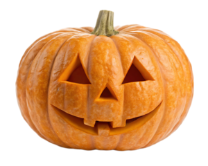 Isolated carved orange halloween pumpkin with triangular eyes and smiling mouth on a white background