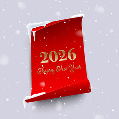 2026 Happy New Year greeting card vector illustration. Festive Christmas social media banner. Golden text on red sticker with curved edges isolated on snowfall backdrop.