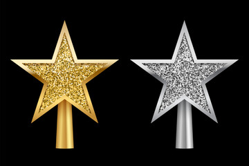Christmas golden and silver tree topper set vector illustration. Realistic 3D silver and gold star decorations. Decorative traditional top of Xmas pine tree in winter season isolated on black