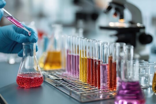 Scientist adding liquid to flask, test tubes with various colored liquids, lab equipment