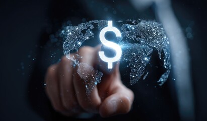 A hand points to a dollar sign overlaid on a digital world map