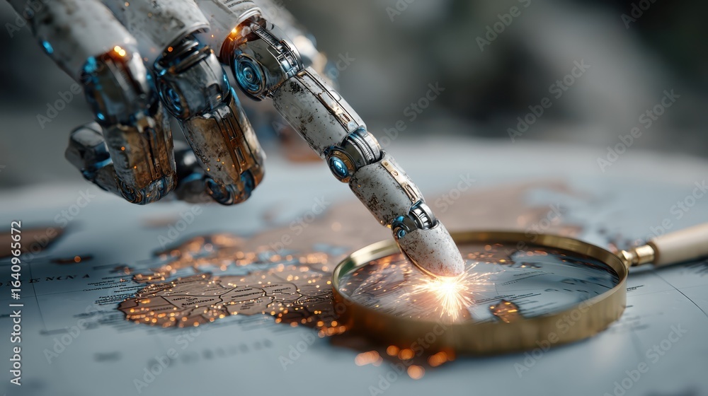 Poster a robotic hand points at a map while a magnifying glass highlights a specific area, symbolizing expl