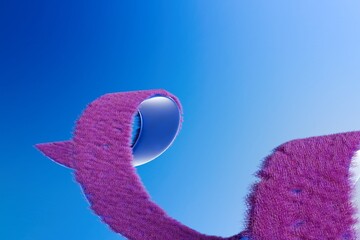 A stylized, purple, grass-like substance wraps around a dark, reflective cylinder against a vibrant blue gradient background, creating a dynamic, swirling, abstract form suggesting movement and energy