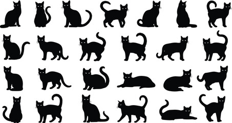 Black cat silhouettes, sitting and walking cats, feline vector illustration, pet animal design, domestic cat poses, stylish black and white art