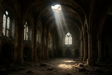 Obraz premium Ray of light penetrates darkness in ruined church, a powerful symbol of hope. This divine light illuminates dust particles in abandoned hall. Perfect shot for faith, hope, and mystery.