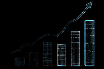 A stylized, upward-trending bar graph rendered in translucent blue wireframe against a black background, suggesting growth and digital progress.  The line graph accentuates the upward trajectory