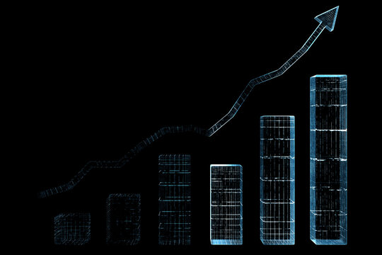 A stylized, upward-trending bar graph rendered in translucent blue wireframe against a black background, suggesting growth and digital progress.  The line graph accentuates the upward trajectory