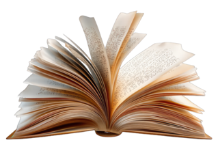 Open book, pages fanned wide, aged paper