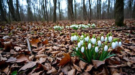 Obraz premium Early spring forest scene with clusters of snowdrops amid withered leaves