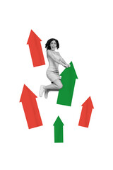 Image poster collage of happy crazy girl flying up in air fast professional growth concept isolated...