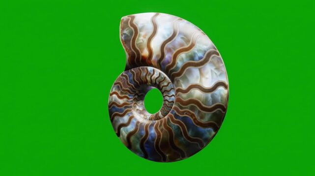 Polished prehistoric ammonite fossil with iridescent colors and a perfect spiral shell, isolated on a green screen for easy compositing.