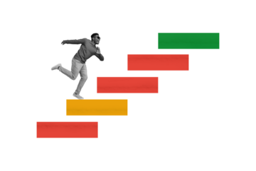 Creative drawing collage picture of active energetic young man running fast up stairs career development employee entrepreneur