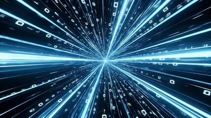 Seamless looping animation of flying through a futuristic digital tunnel with glowing blue data streams and binary code representing high speed internet connection and big data transfer
