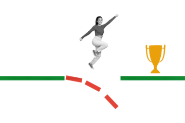 Composite collage of excited mini black white colors girl jump above abyss champion trophy cup isolated on creative background