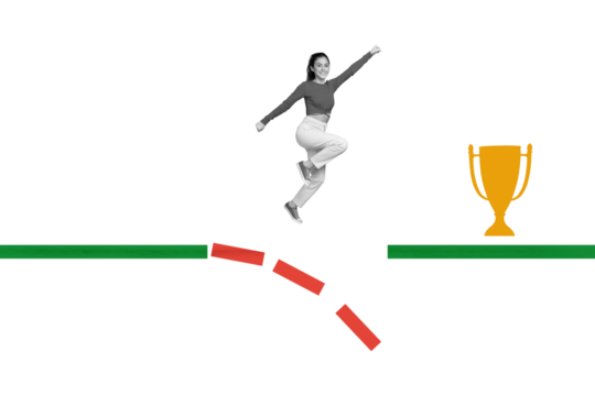 Composite collage of excited mini black white colors girl jump above abyss champion trophy cup isolated on creative background