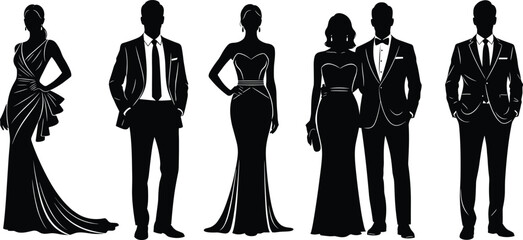 Elegant formal wear silhouettes, evening gown fashion, tuxedo style, couple attire, black tie event, luxury clothing, vector illustration, stylish design