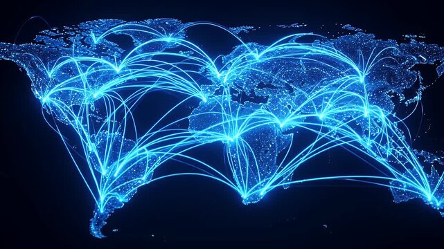 Futuristic animated world map with glowing blue lines showing global network connections spreading across continents representing data transfer internet and international business