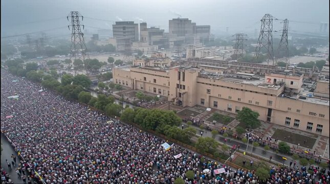 A wide shot capturing thousands of protesters holding hands in solidarity, filling a city street or public square. The scene conveys unity, collective action, and peaceful demonstration, with diverse 