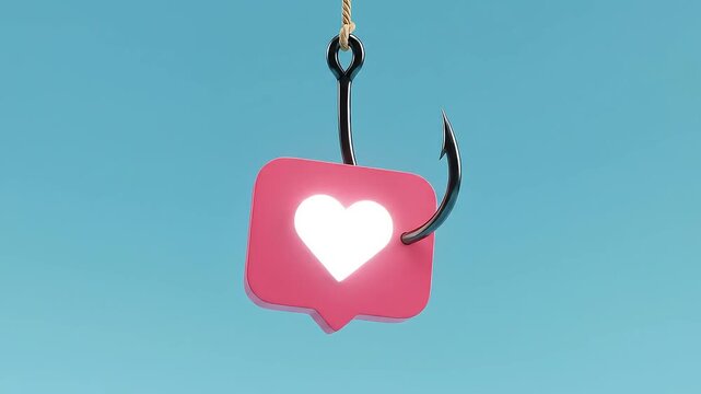 Pink Social Media Like Icon Impaled On A Fishing Hook Suspended Against A Uniform Light Blue Background