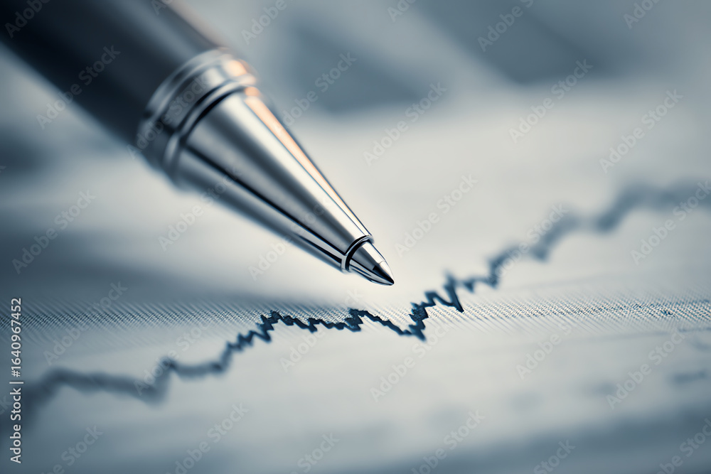 Aufkleber close-up of a metallic pen tip pointing at a fluctuating line graph on paper, symbolizing financial 