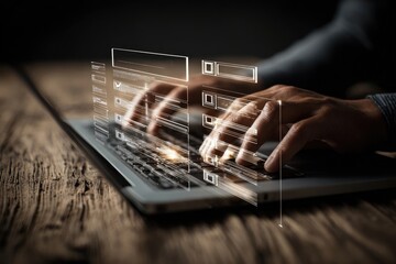 Person types on a laptop, overlaid with a form interface