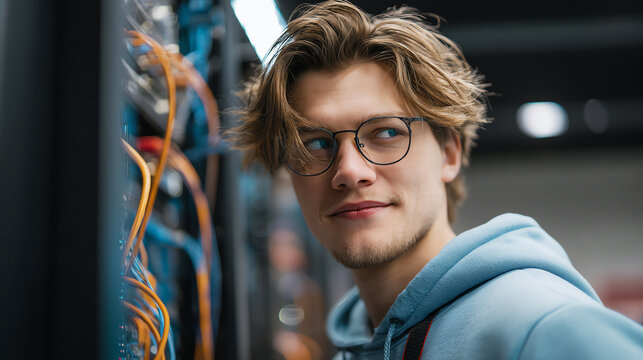 Young man with glasses and a hoodie working in a server room, surrounded by colorful network cables and technology equipment with a focused expression - Powered by Adobe