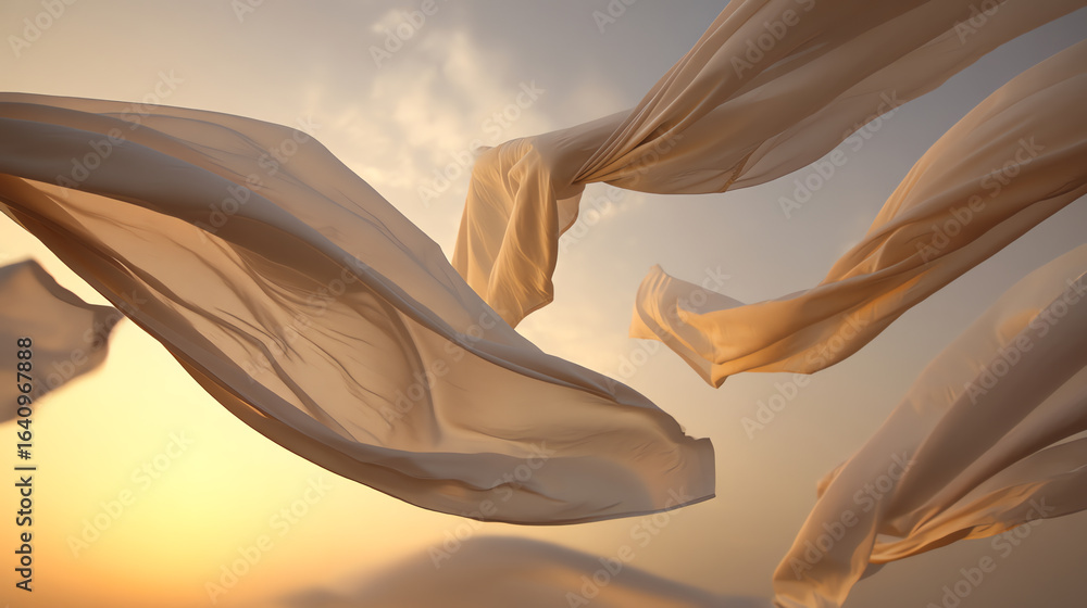 Poster light fabric pieces float gracefully against a soft sunset sky, creating an ethereal and delicate sc