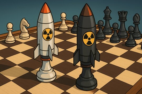The high-stakes game of nuclear brinkmanship illustrated on a chessboard. This dangerous game between two powers uses missiles as pieces. A single move in this game could be the last.