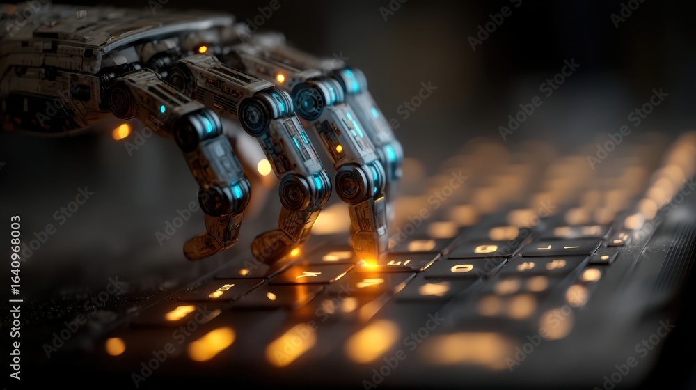 Poster a robotic hand interacts with a glowing keyboard, symbolizing the fusion of technology and human-lik
