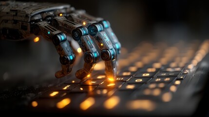 A robotic hand interacts with a glowing keyboard, symbolizing the fusion of technology and human-like capabilities in a digital environment.