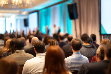 Obraz premium Audience seated and attentively watching a presentation or conference in a modern, well-lit venue with blue and white lighting accents