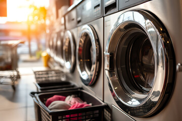 Front-load washing machines in a laundromat with laundry baskets filled with clothes, illuminated by warm sunlight streaming through large windows