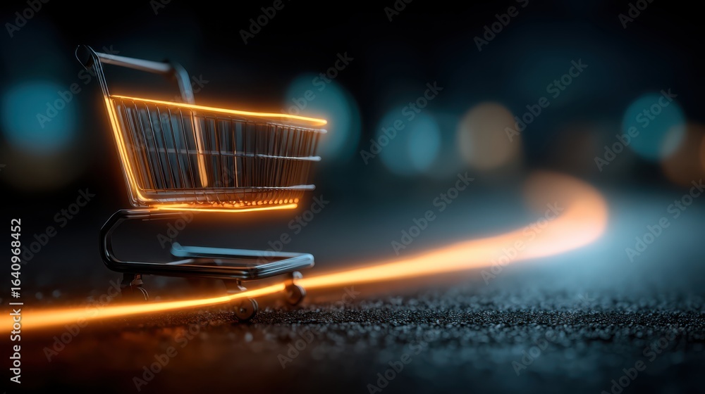 Poster a glowing shopping cart sits on a dark surface, with a vibrant trail of light emanating from it, cre
