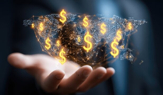 Hand holding a holographic world map overlaid with dollar signs and interconnected lines