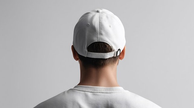 Back view of male model wearing white hat with adjustable cap strap in urban setting