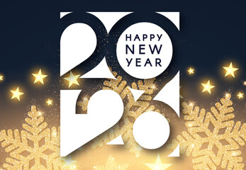 2026 Happy New Year text with bokeh and light effect with golden snow. Holiday celebration banner