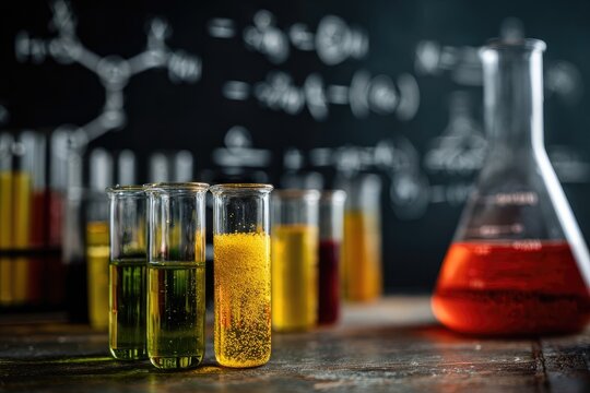Colorful test tubes filled with various liquids, in front of a chalkboard with chemical equations and beakers
