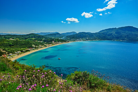 Scenic view of Paralia Agios Georgios bay Corfu Greece with blue sea