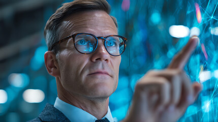 A focused man wearing glasses interacts with a futuristic transparent touchscreen interface displaying digital data and network connections in a high-tech environment